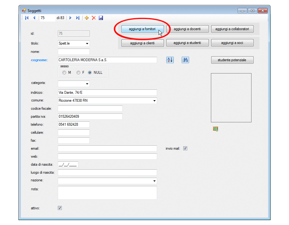 Anagrafica lista fornitori aggiungi