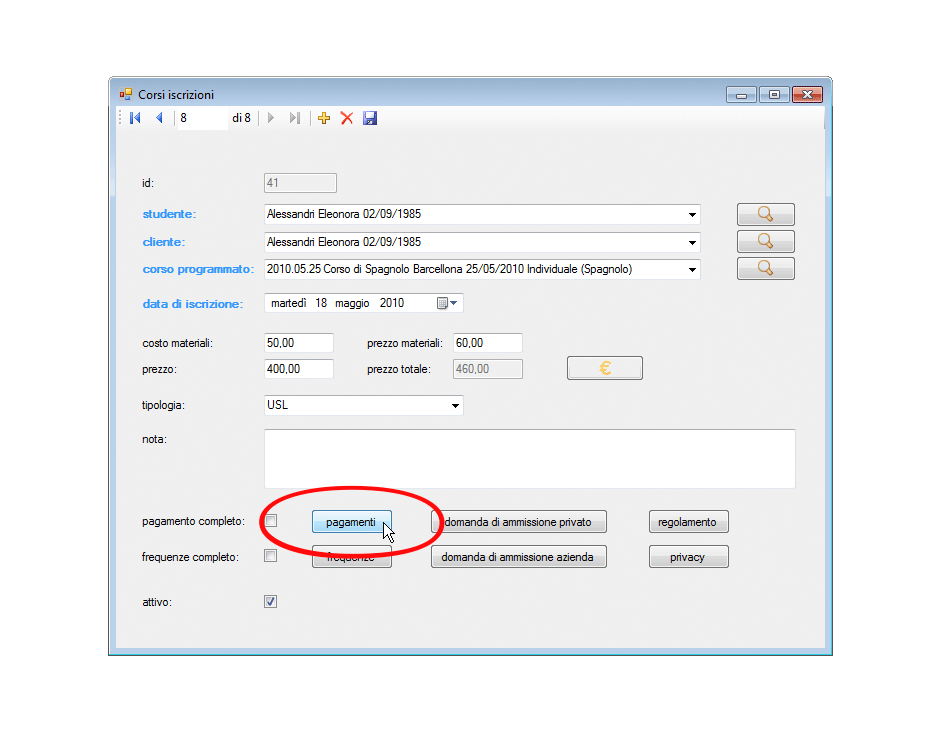 Gestione iscrizioni corsi pagamenti