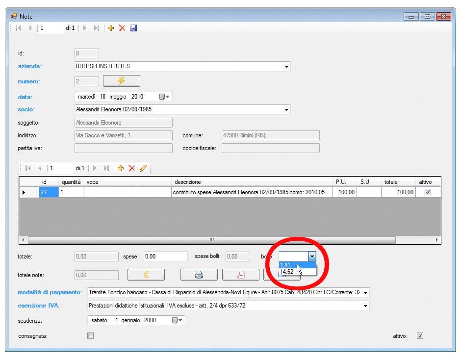 Gestione note seleziona bollo