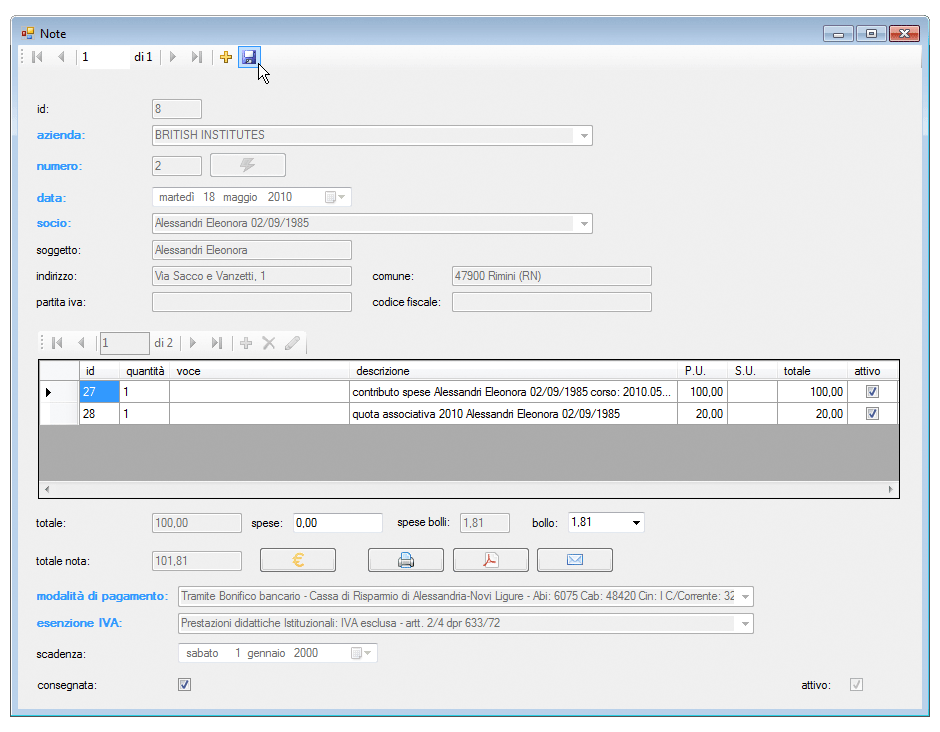 Gestione note salva dati