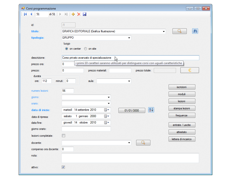 Corsi programmazione inserimento descrizione