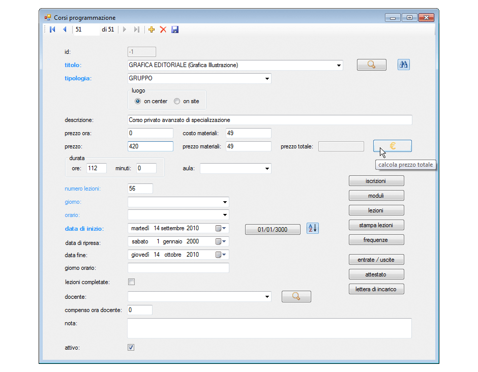 Corsi programmazione inserimento prezzo