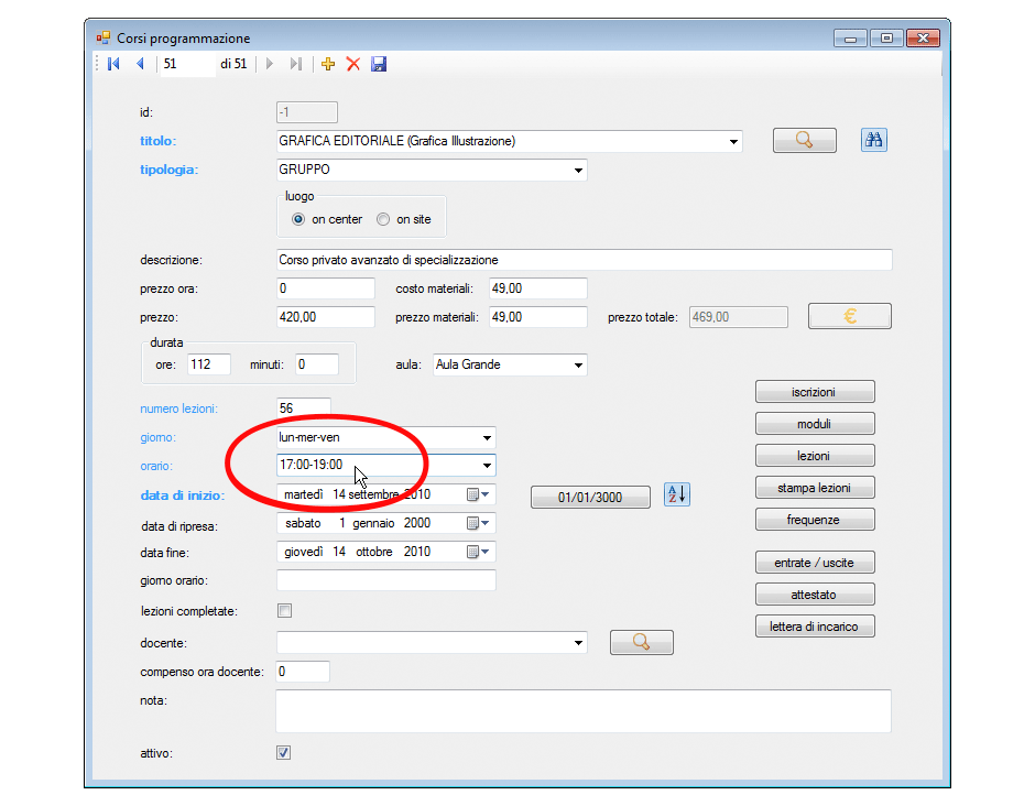 Corsi programmazione selezione orario