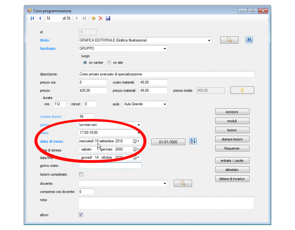 Corsi programmazione selezione data di inizio