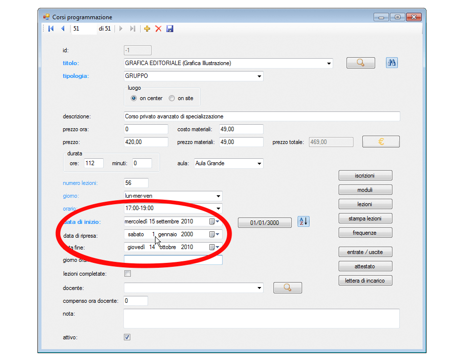 Corsi programmazione selezione data di ripresa