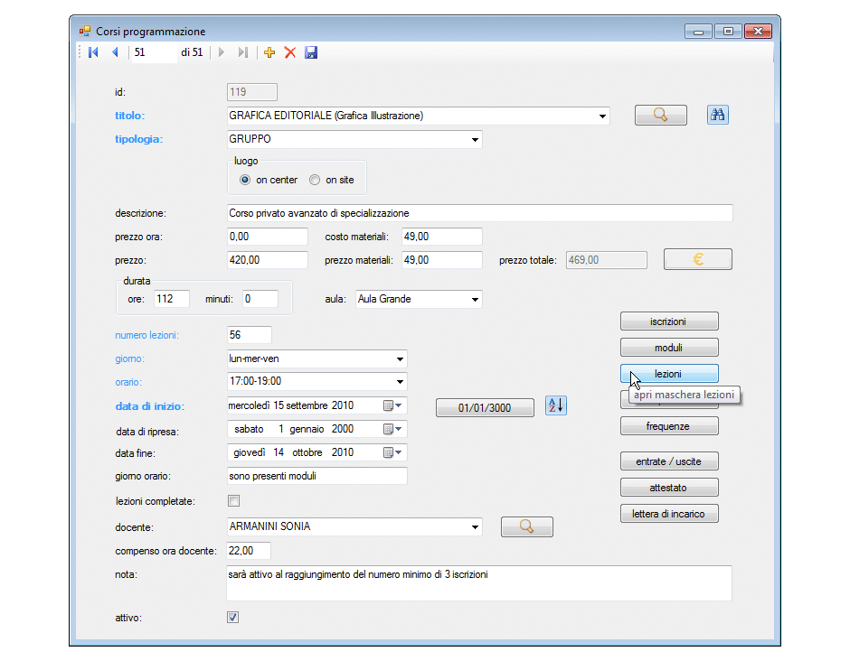 Programmazione lezioni apri maschera