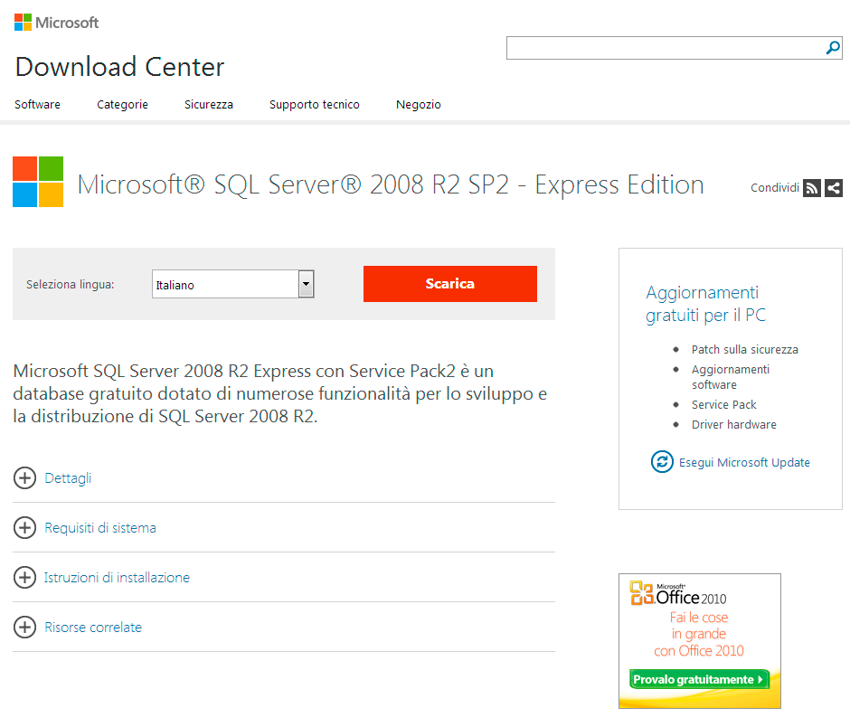 Download di SQL Server 2008 R2 SP2 - Express Edition