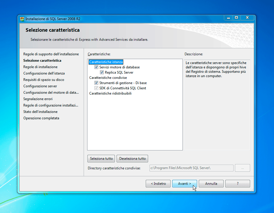 SQL Server selezione caratteristiche