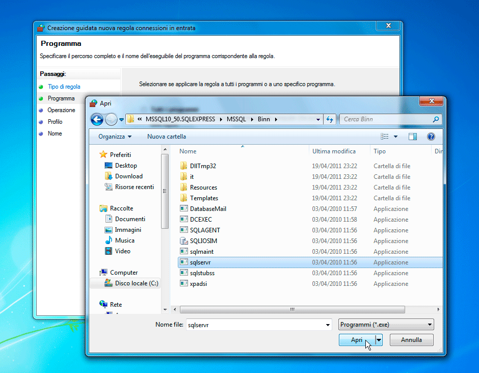 Windows Firewall selezionare il programma sqlservr