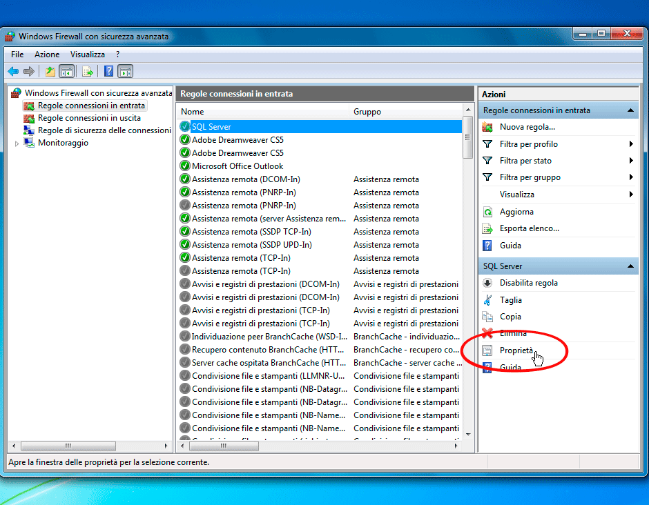 Windows Firewall proprietà regola