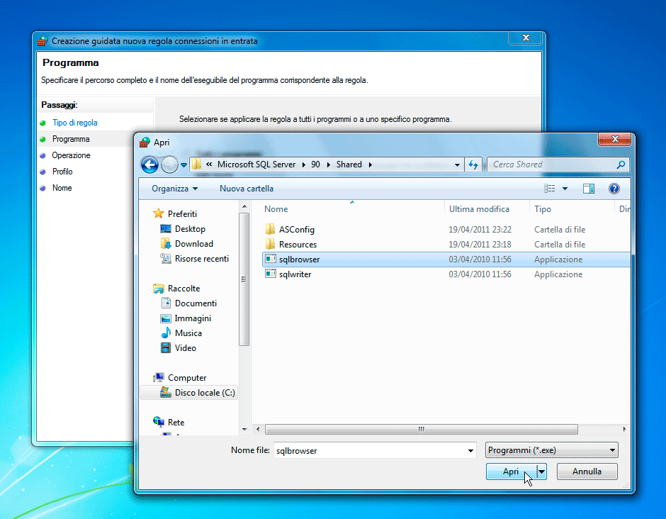 Windows Firewall selezionare il programma sqlbrowser