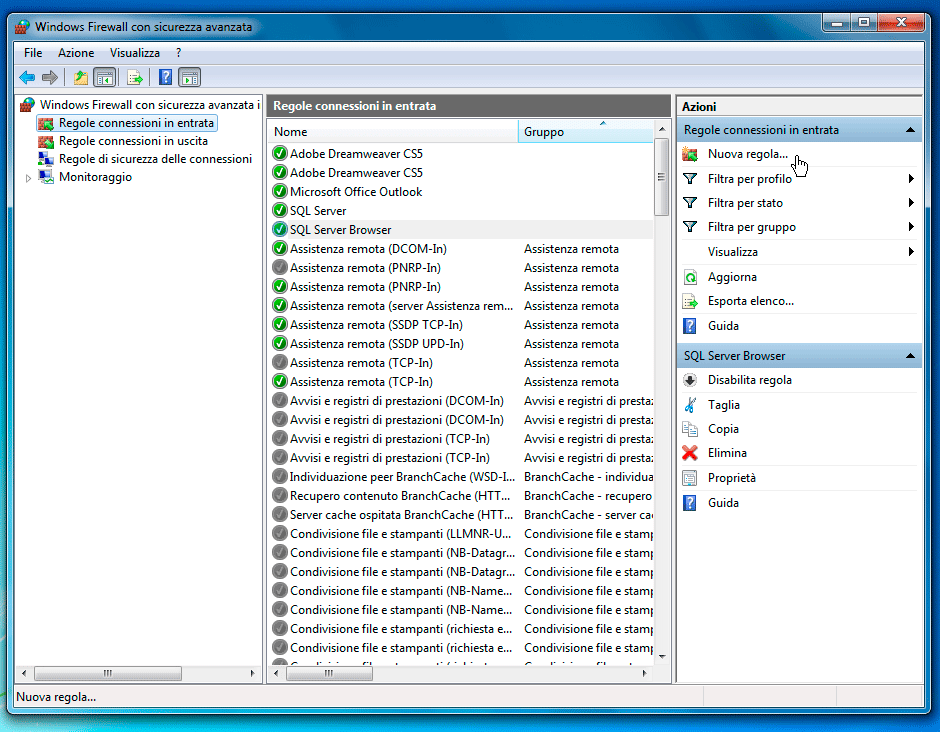 Windows Firewall nuova regola di connessione in entrata Porta TCP 1433