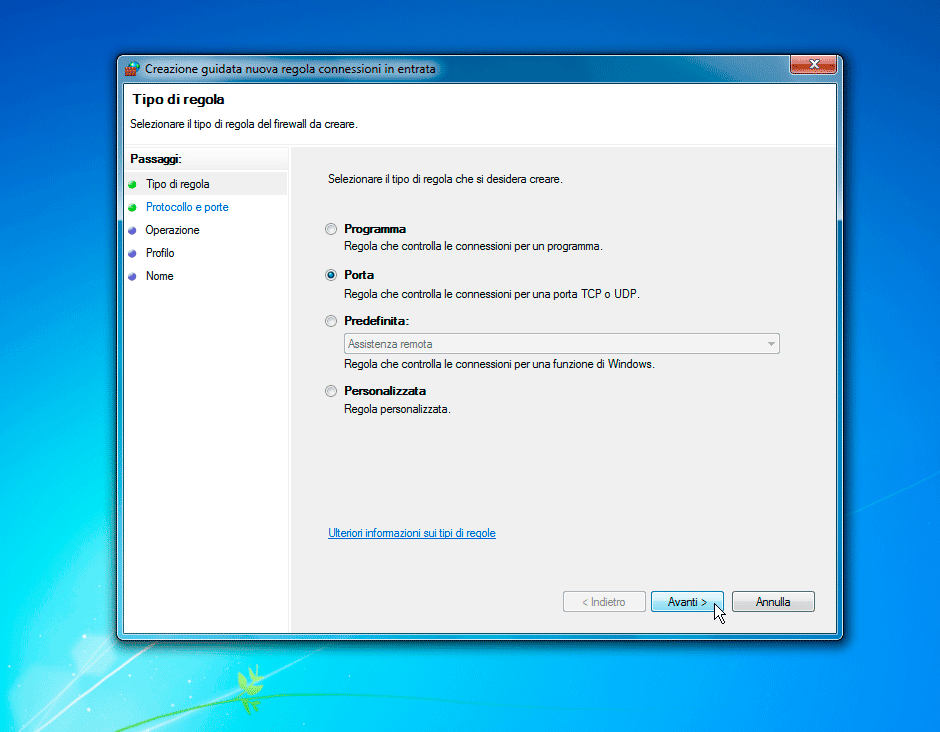 Windows Firewall tipo di regola Porta