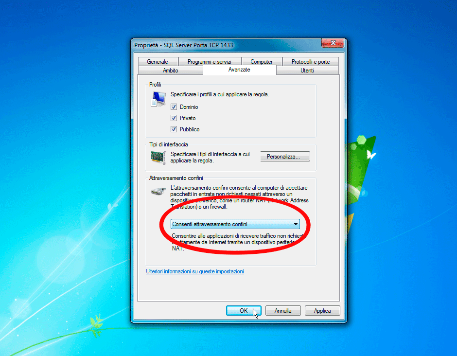 Windows Firewall attraversamento confini Porta TCP 1433