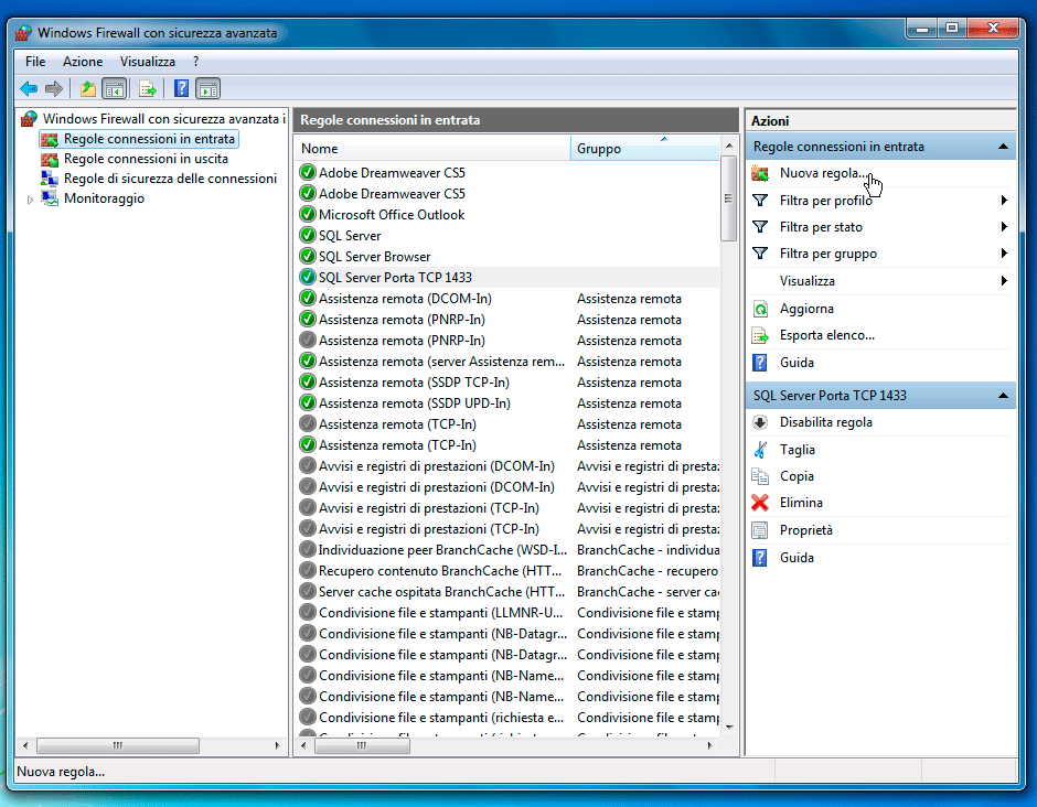 Windows Firewall nuova regola di connessione in entrata Porta UDP 1434