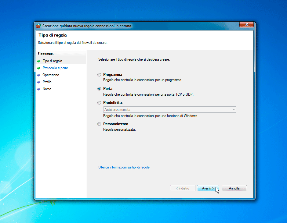 Windows Firewall tipo di regola Porta