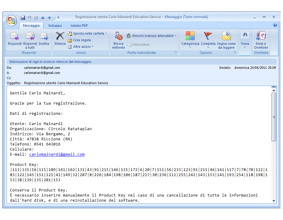 Mail di conferma registrazione