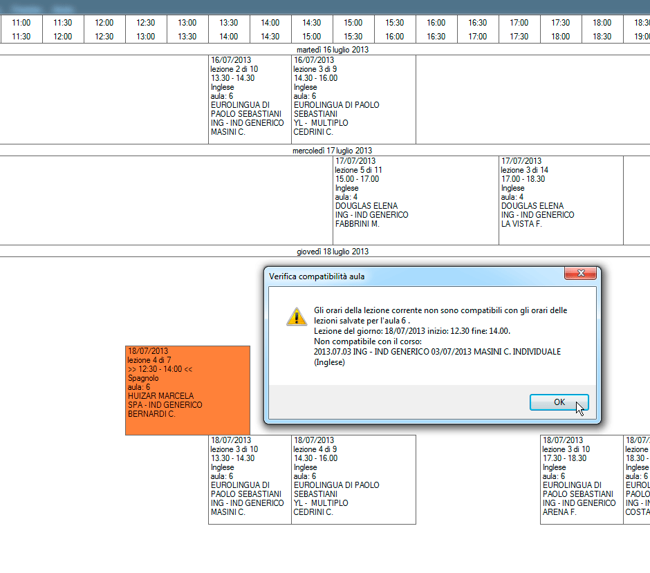 Segnalazione incompatibilità orario aula