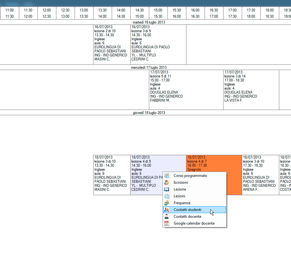 Menu contestuale sul Planning contatti studenti