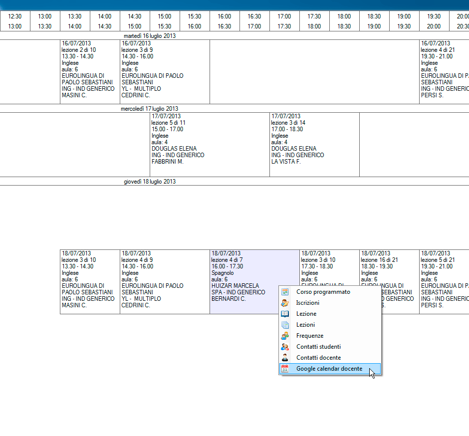 Menu contestuale sul Planning Google calendar docente