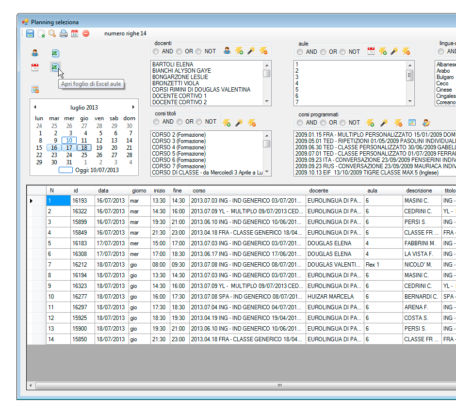 Apertura foglio di lavoro di Excel aule