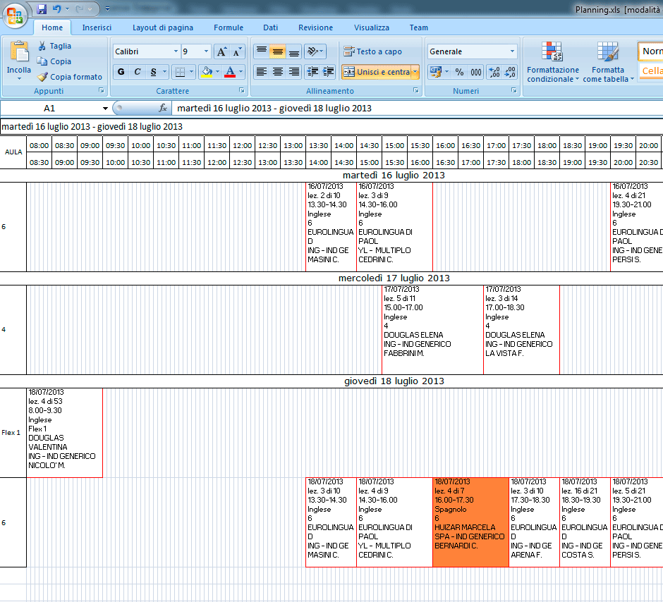 Foglio di lavoro di Excel aule