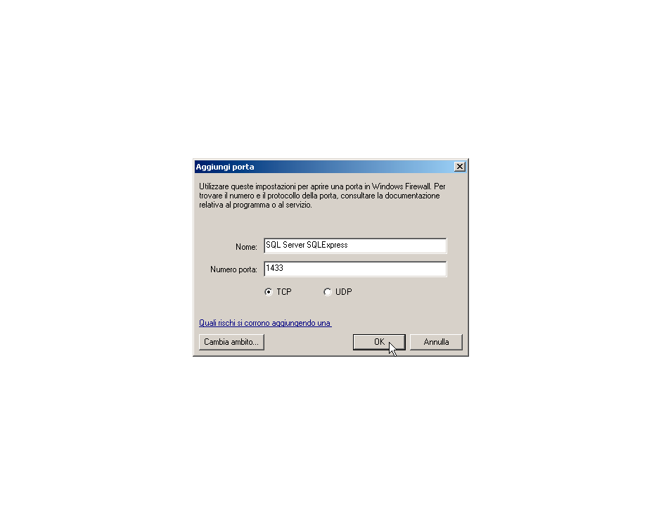 Firewall Windows XP aggiungere porta TCP