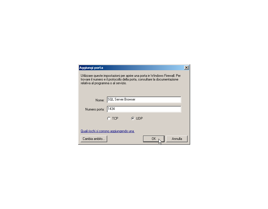 Firewall Windows XP aggiungere porta UDP