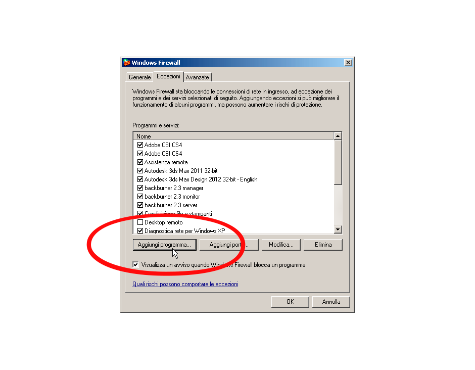Firewall Windows XP aggiungere programma