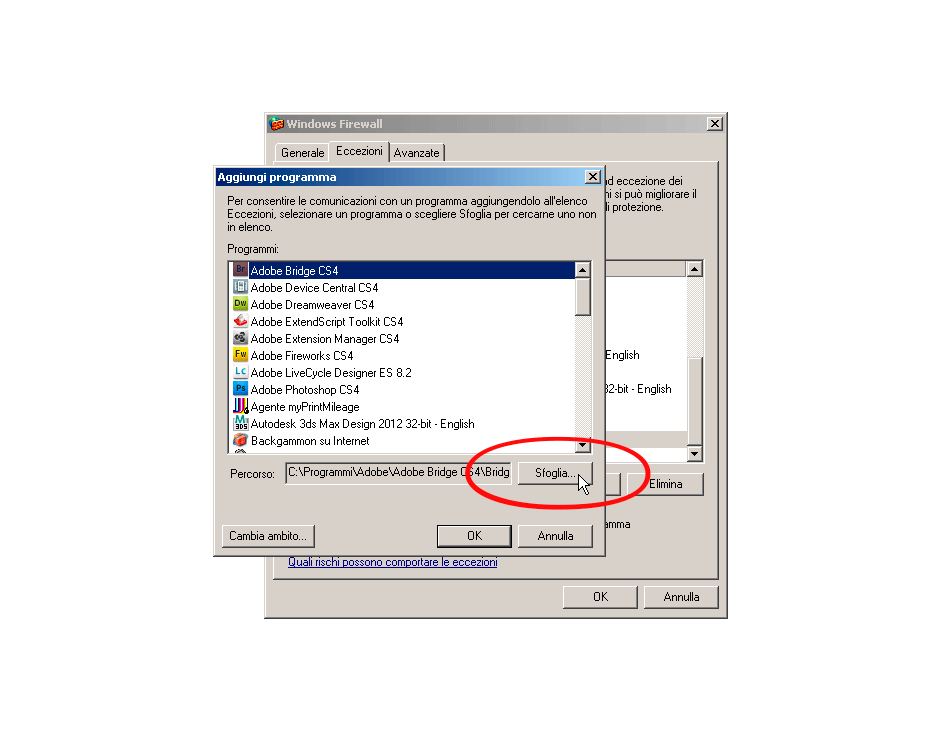 Firewall Windows XP cercare programma sqlservr.exe