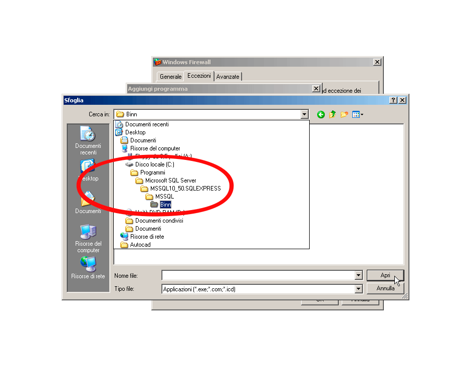 Firewall Windows XP selezione della cartella contenente sqlservr.exe