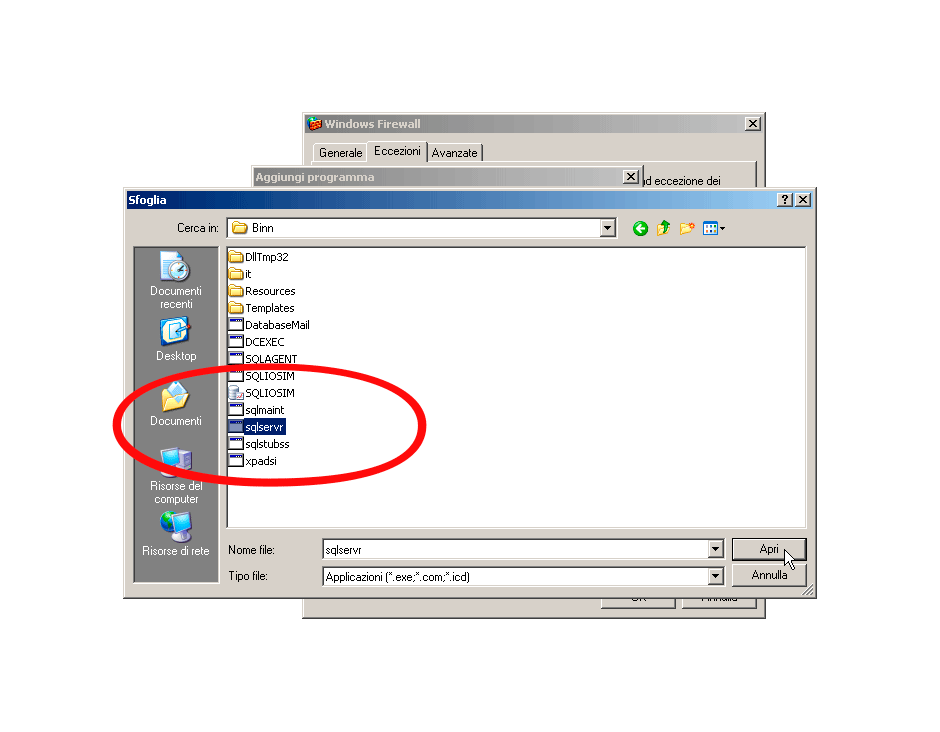 Firewall Windows XP selezione del file sqlservr.exe