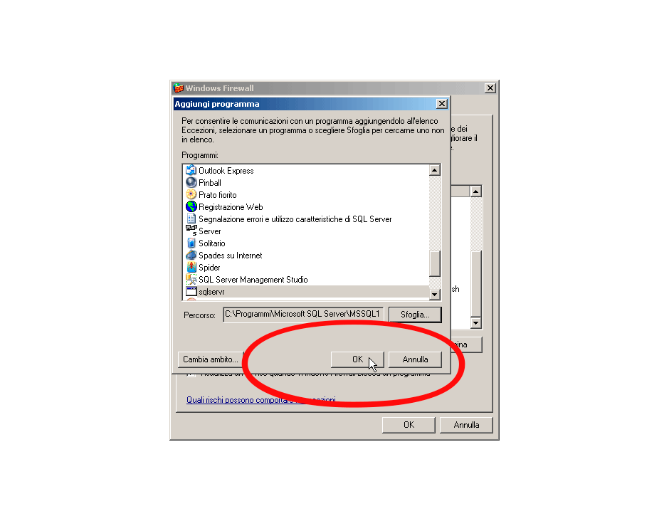 Firewall Windows XP conferma eccezione programma sqlservr.exe