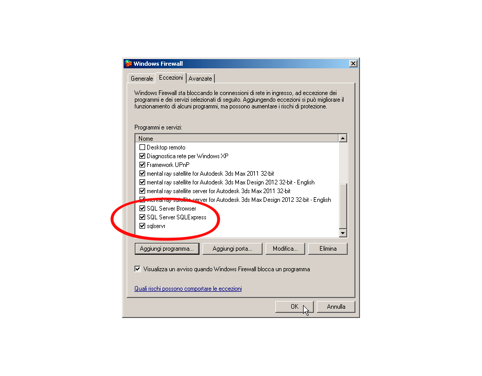 Firewall Windows XP 3 eccezioni