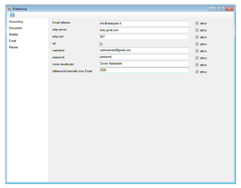 Configurazione del server smtp per l'invio della posta elettronica