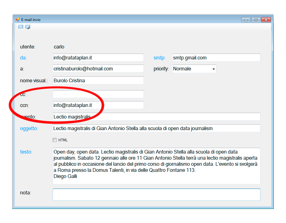 Compilazione del messaggio Email