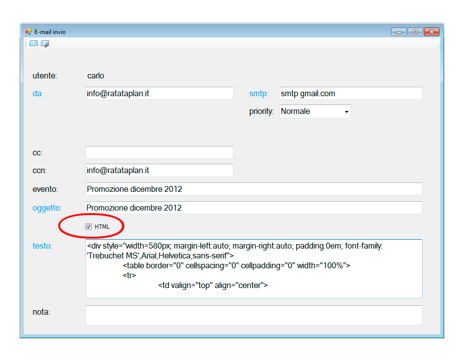 Compilazione di un messaggio in formato HTML