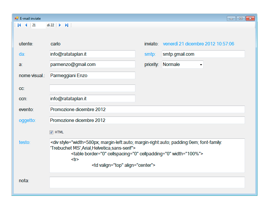Visualizzazione Email inviata