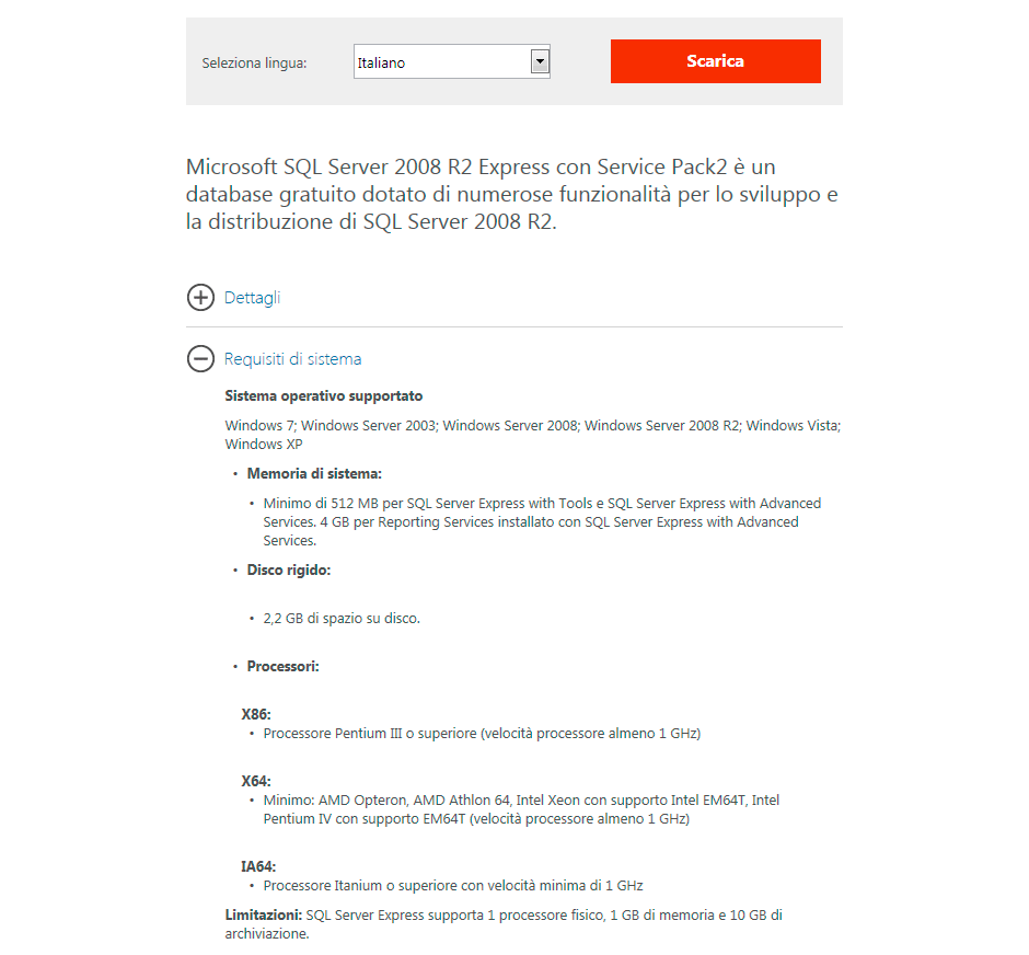 SQL Server 2008 R2 SP2 - Requisiti di sistema