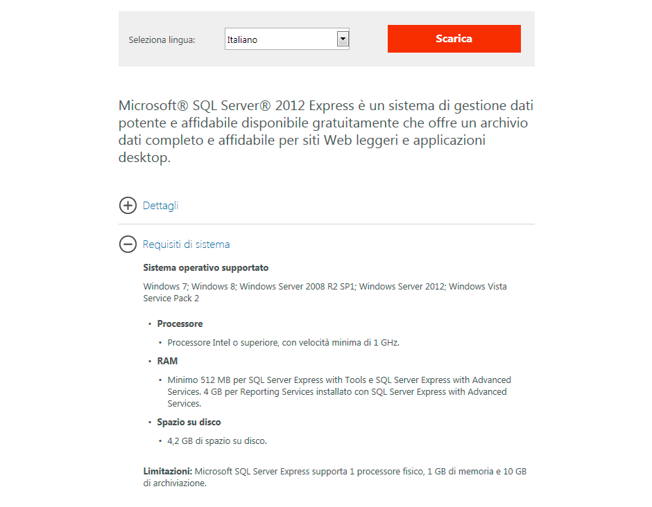 SQL Server 2012 SP1 Express - Requisiti di sistema