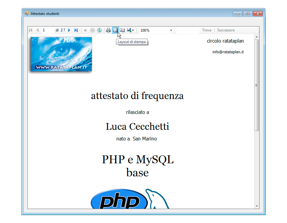Pulsante Layout di stampa Attestato studenti