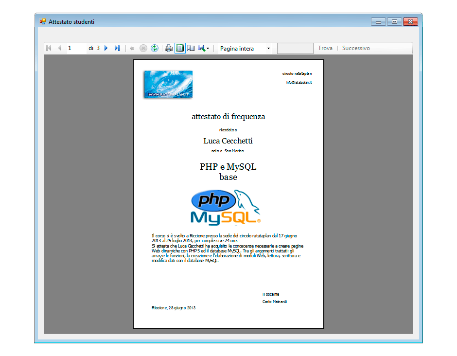 Layout di stampa Attestato studenti
