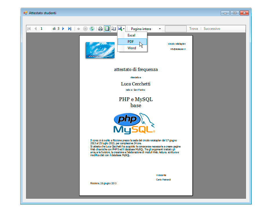 Pulsante PDF Attestato studenti