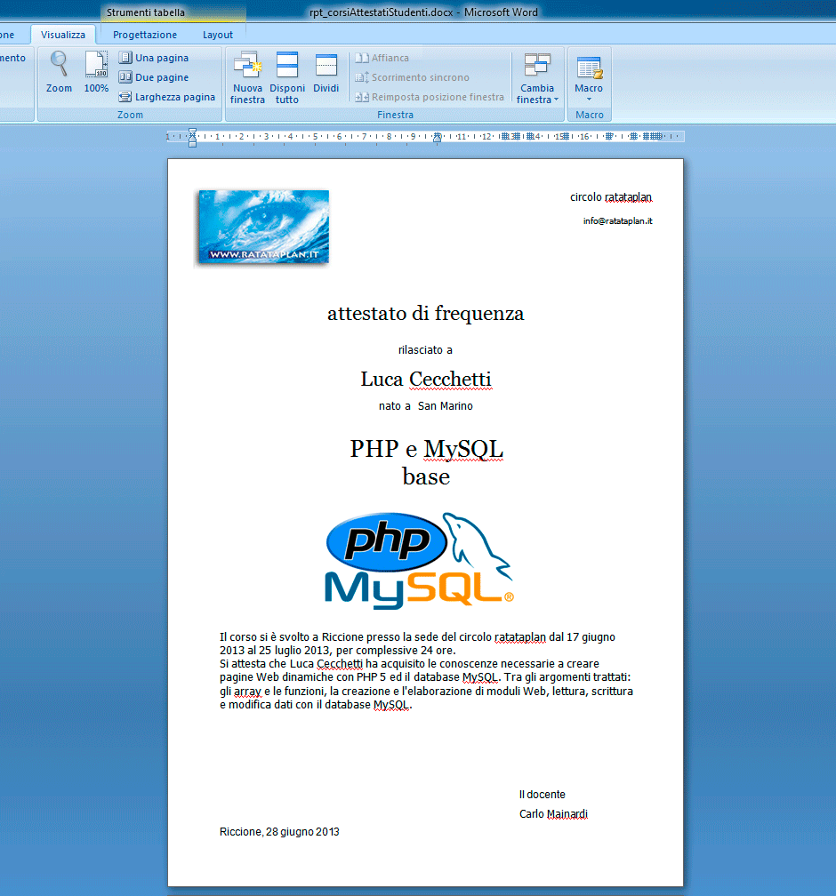 Il file Word Attestato studenti