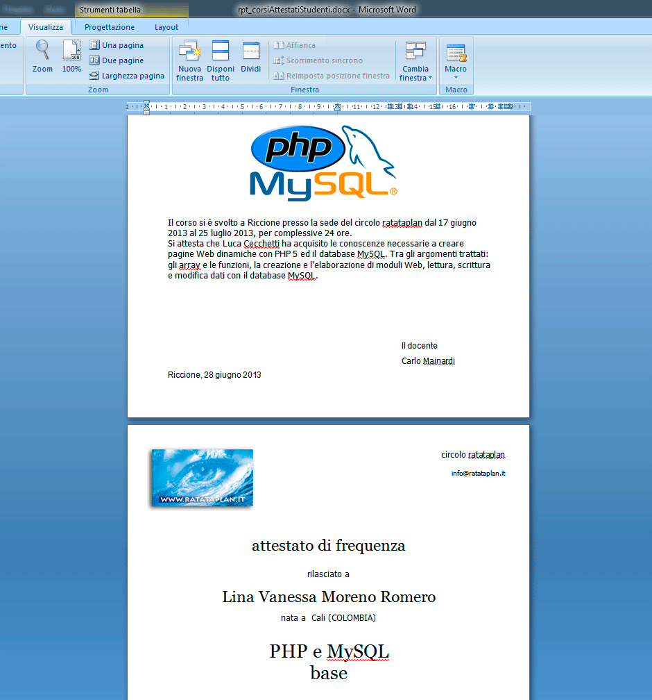 Seconda pagina del file Word Attestato studenti