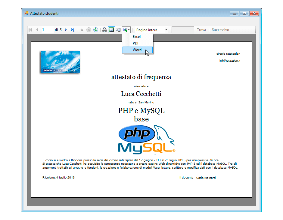 Esportazione del report in formato Word