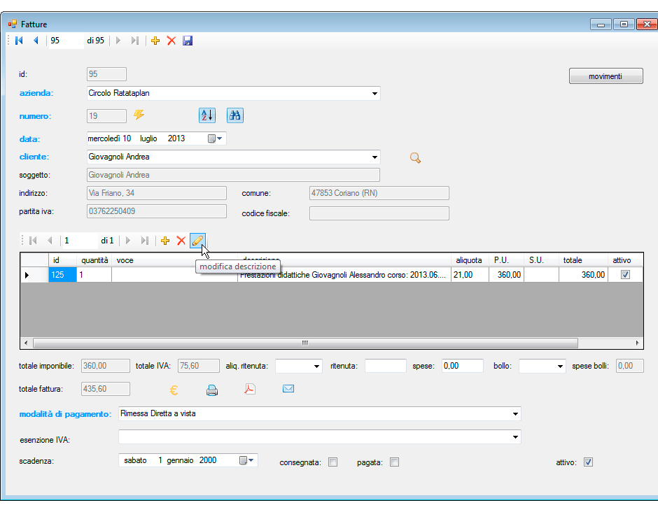Fattura generata modifica descrizione
