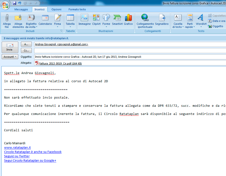 Invio fattura come allegato di posta elettronica.