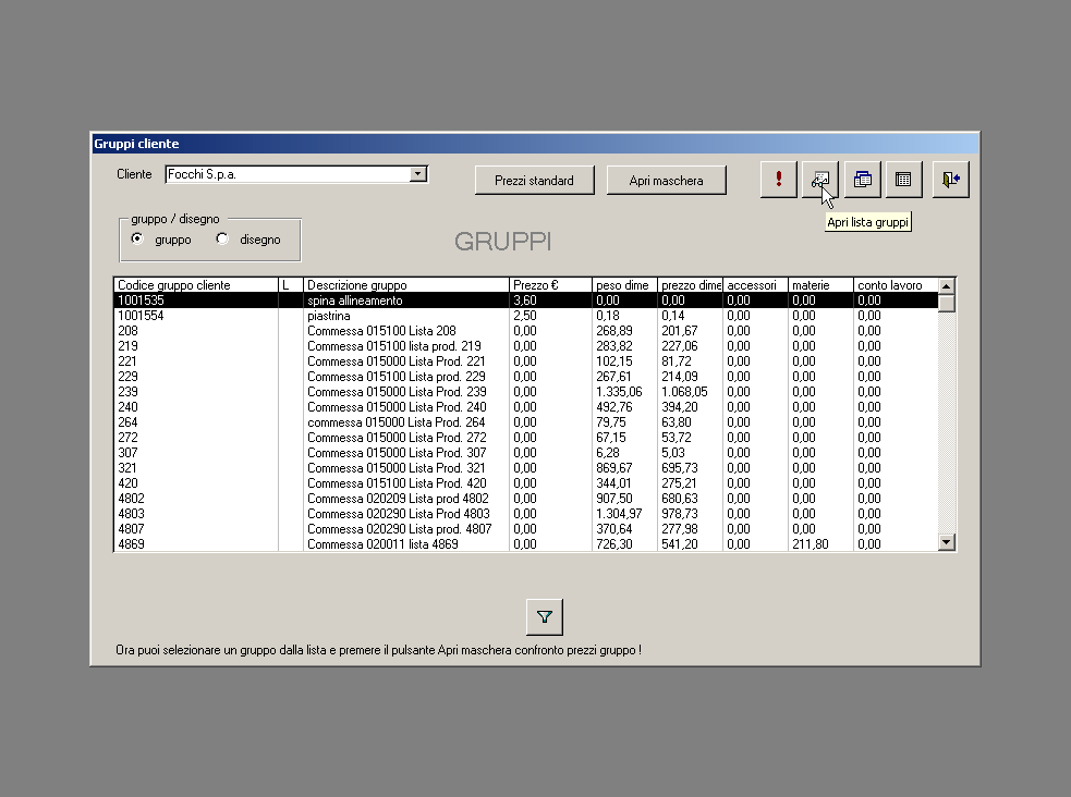 Prezzi gruppi - apri lista gruppi