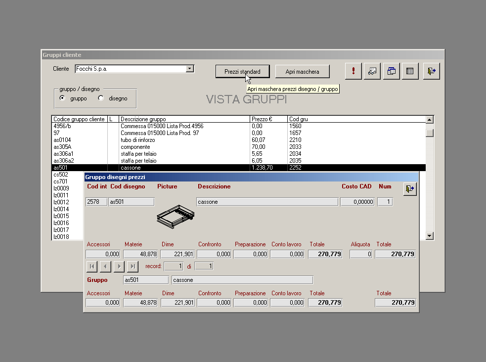 Prezzi gruppi - apri maschera prezzi standard